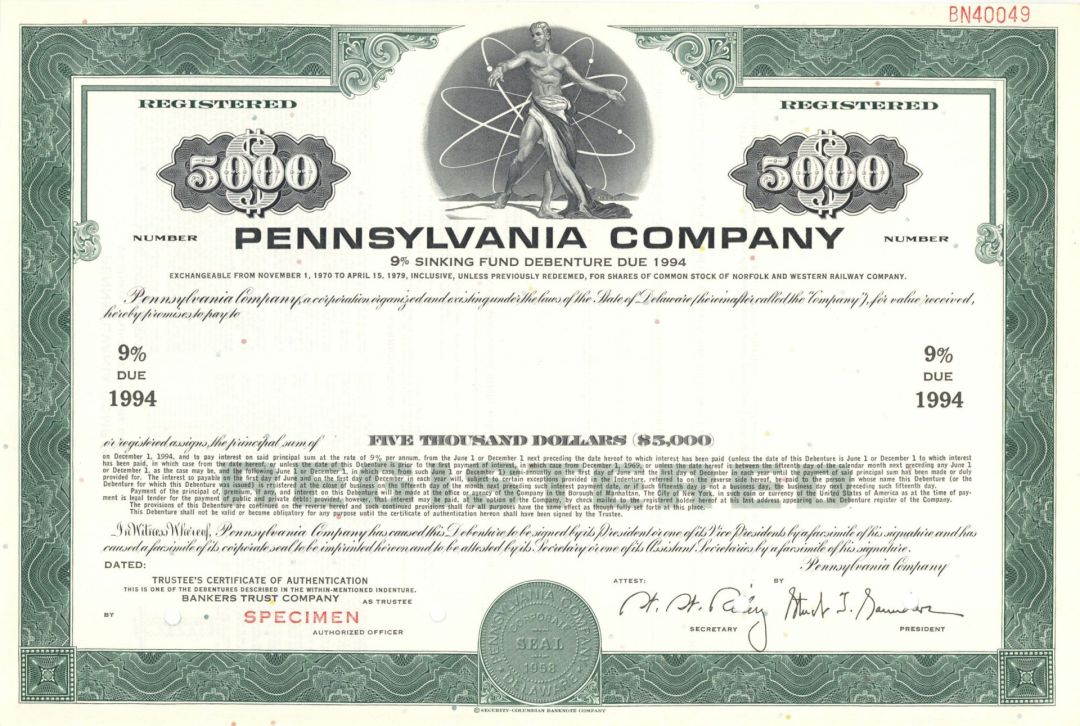 Pennsylvania Co. - $5,000 1958 dated Specimen Bond