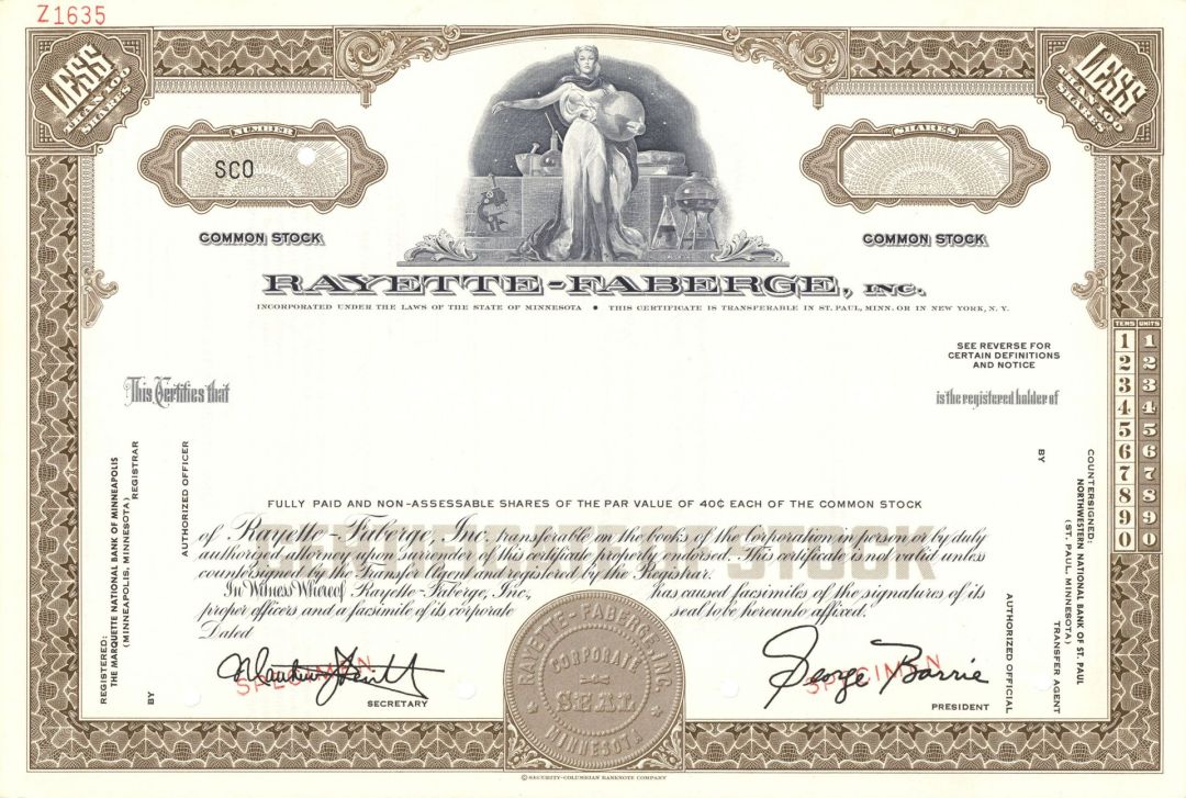 Rayette-Faberge, Inc. - Specimen Stock Certificate