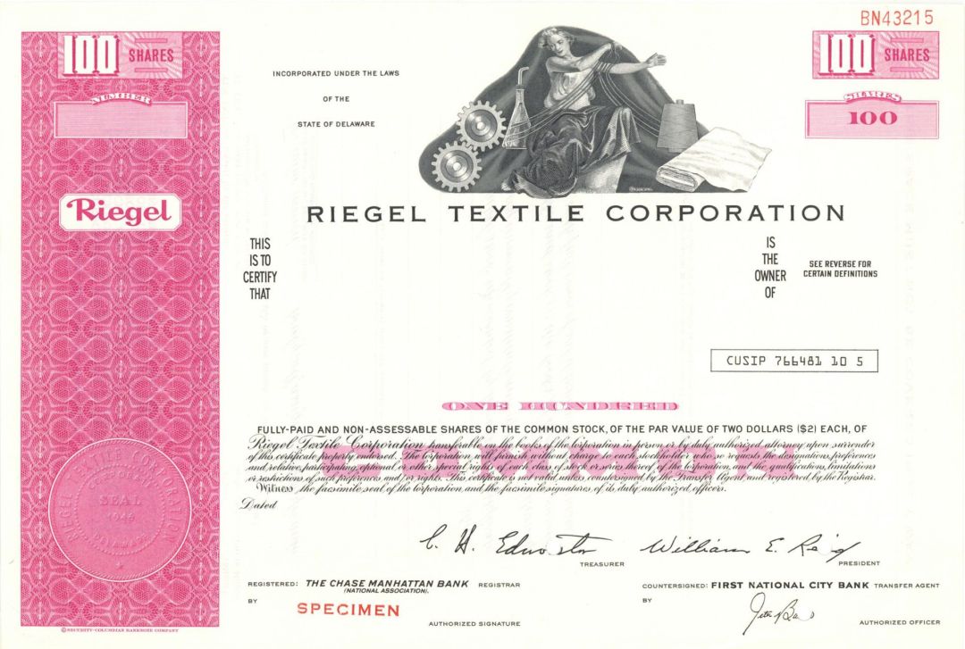 Riegel Textile Corp. - 1946 dated Specimen Stock Certificate