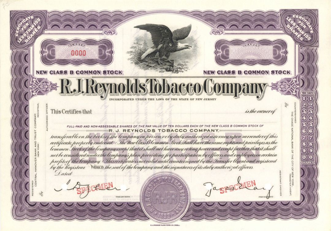 R.J. Reynolds Tobacco Co. - Specimen Stock Certificate