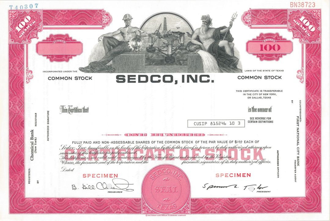 Sedco, Inc. - Specimen Stock Certificate - Transocean & Forex