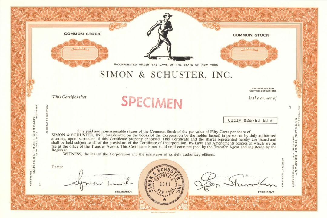 Simon and Schuster, Inc. -  1972 dated Specimen Stock Certificate