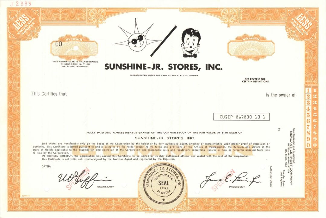 Sunshine-Jr. Stores, Inc. -  1952 dated Specimen Stock Certificate