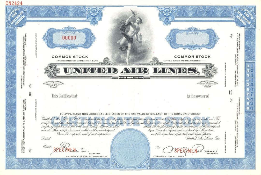 United Air Lines, Inc. - circa 1960's Specimen Stock Certificate