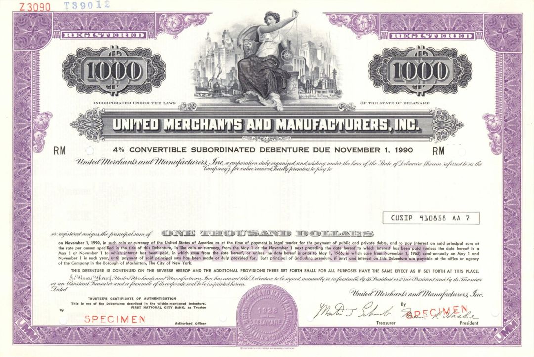 United Merchants and Manufacturers, Inc. -  $1,000 1928 dated Specimen Bond