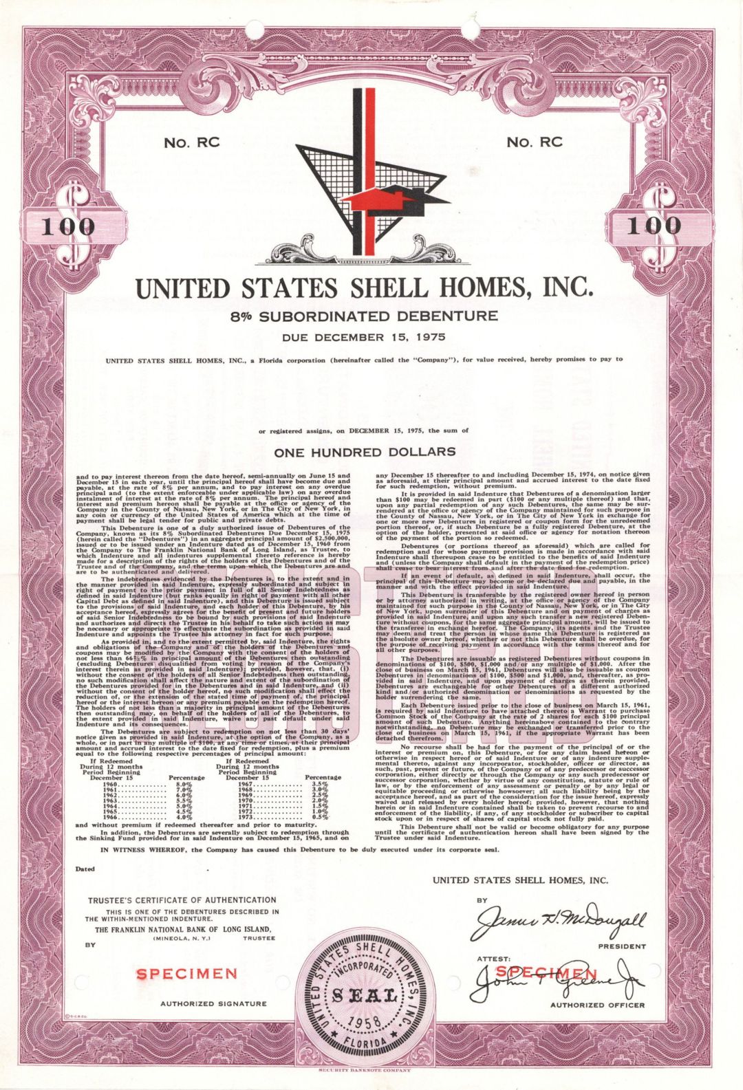 United States Shell Homes, Inc. - $100 1960 dated Specimen Bond