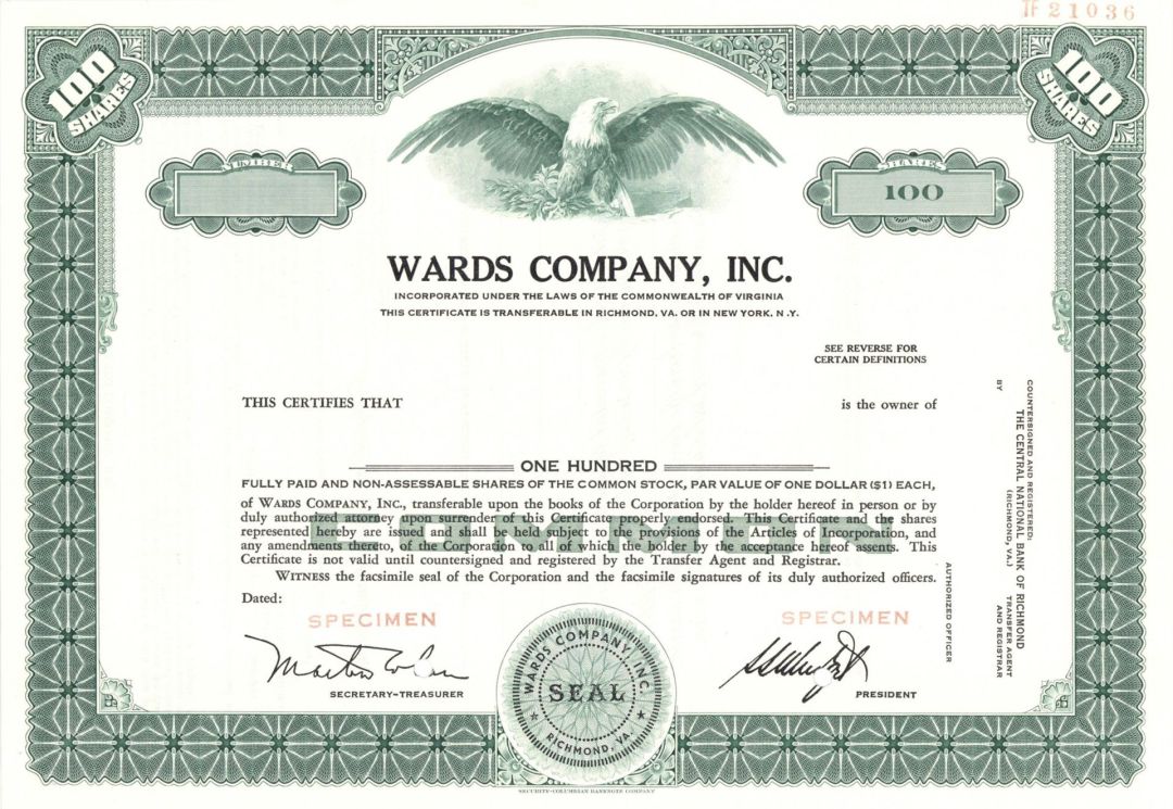 Wards Company, Inc. -  Specimen Stock Certificate
