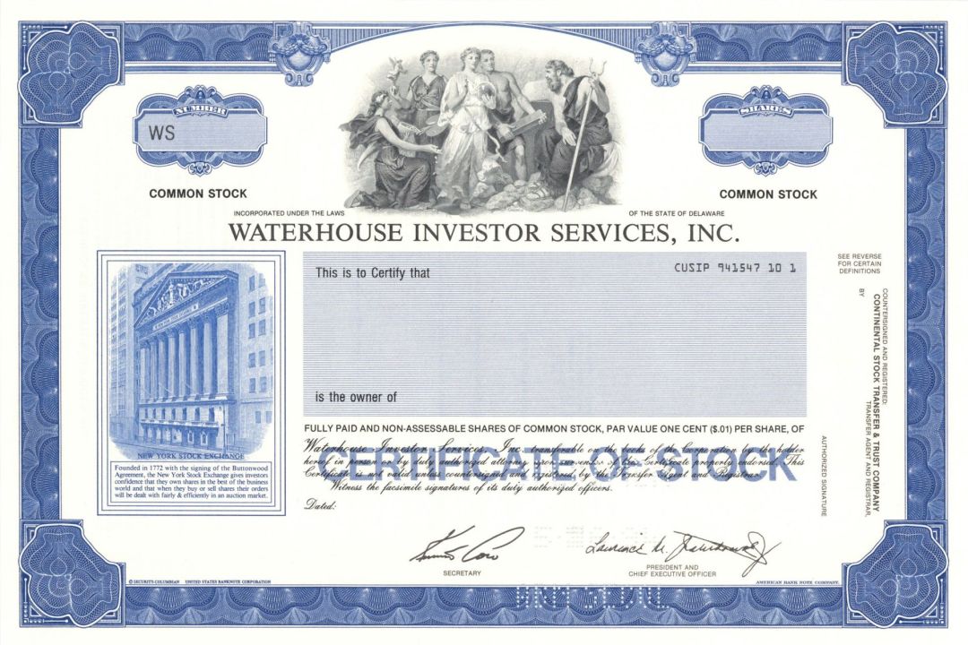 Waterhouse Investor Services, Inc. - 1994 dated Specimen Stock Certificate