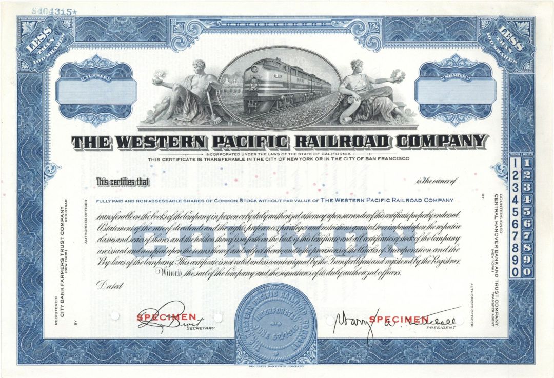 Western Pacific Railroad Co. - Specimen Railway Stock Certificate