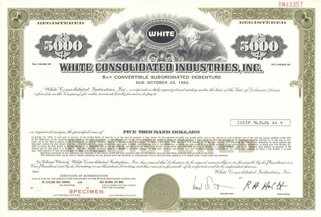 White Consolidated Industries, Inc. -  $5,000 1926 dated Specimen Bond