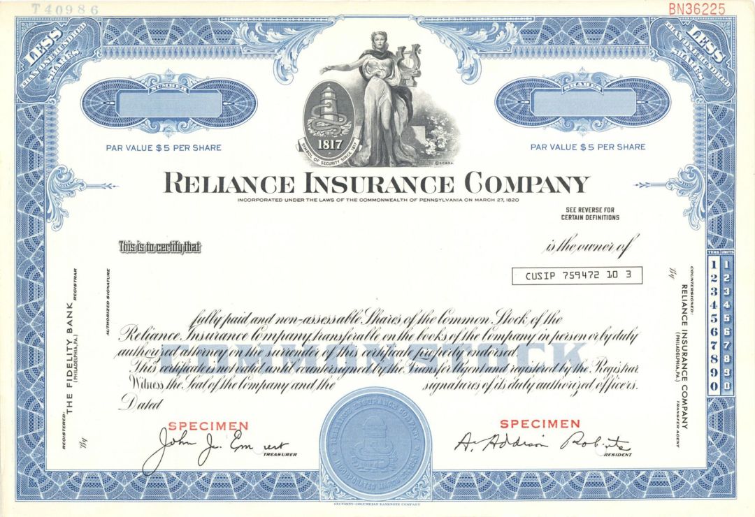 Reliance Insurance Co. - Specimen Stock Certificate