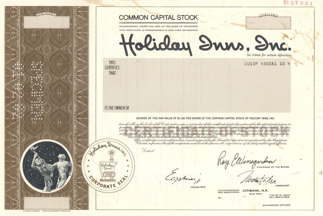 Holiday Inns, Inc. - 1982 dated Specimen Stock Certificate