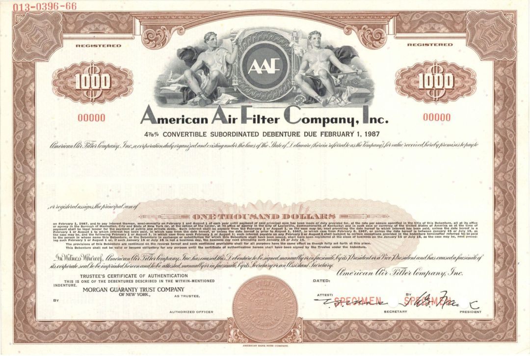 American Air Filter Company, Inc. - $1,000 Specimen Bond