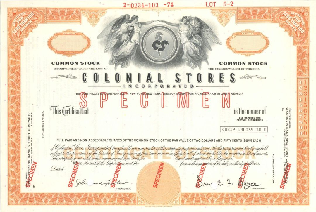 Colonial Stores Inc. - Specimen Stock Certificate