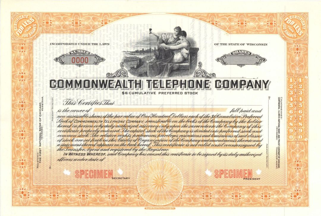 Commonwealth Telephone Co. - Specimen Stock Certificate