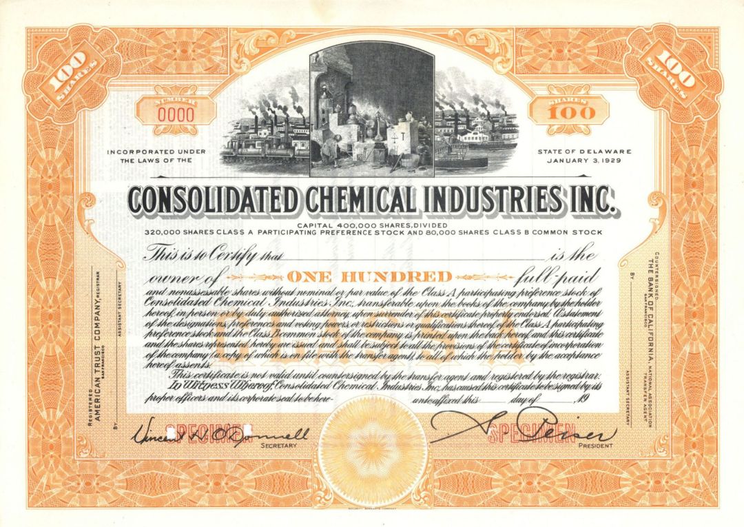 Consolidated Chemical Industries Inc. - Specimen Stock Certificate