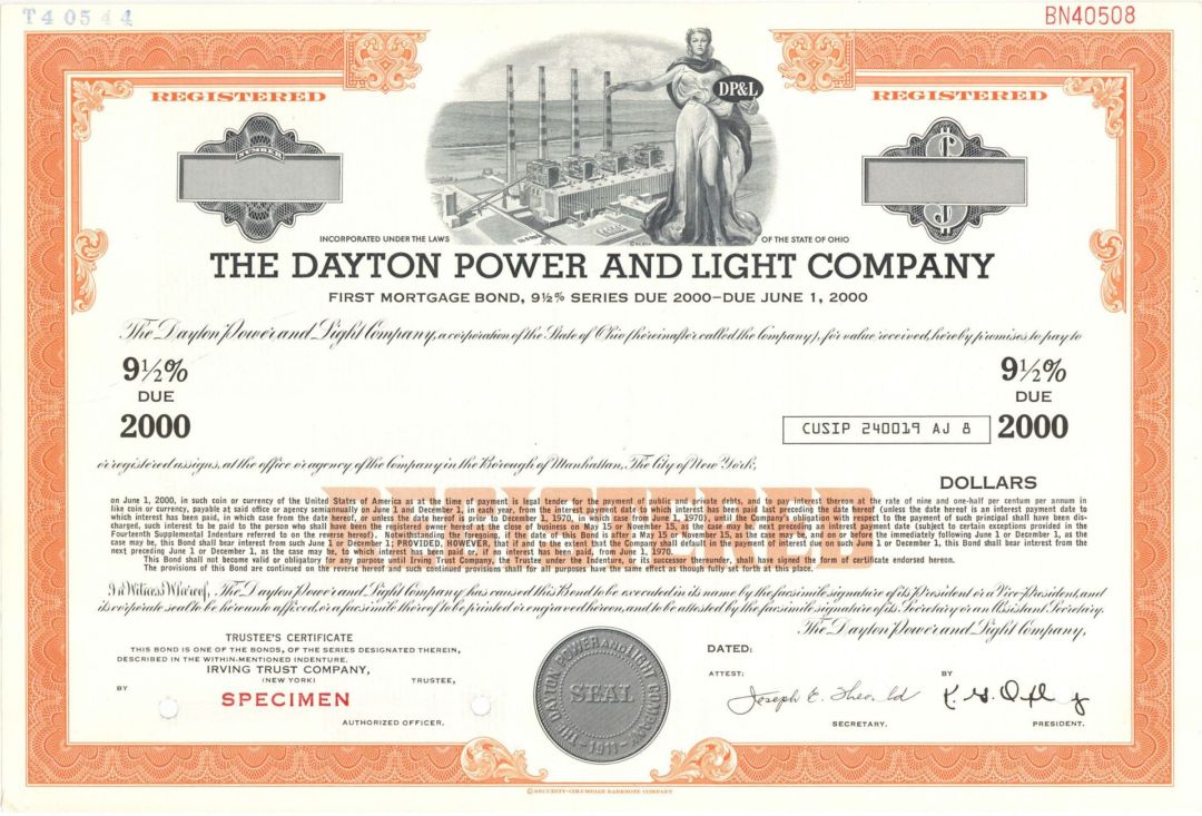 Dayton Power and Light Co. - Ohio Specimen Registered Bond