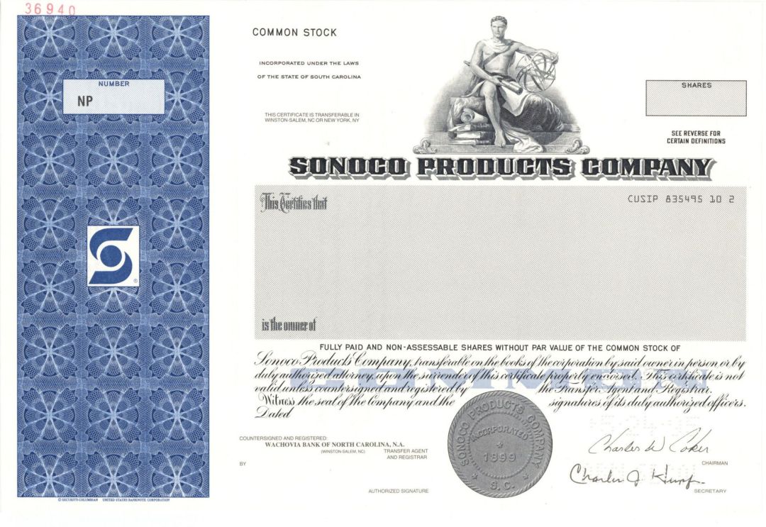 Sonoco Products Co. - Specimen Stock Certificate
