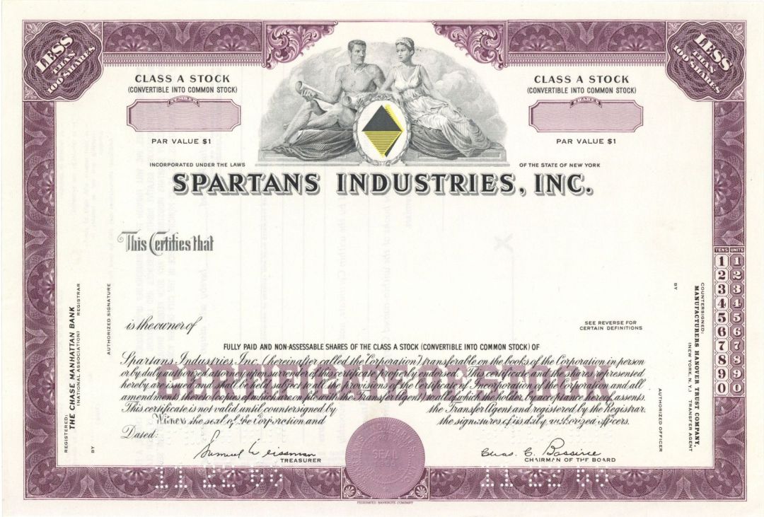 Spartans Industries, Inc. - Specimen Stock Certificate