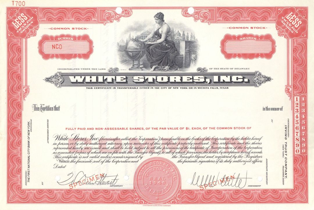 White Stores Inc. - Specimen Stock Certificate - Wichita Falls, Texas