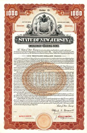 State of New Jersey - 1948 dated $1,000 Specimen Bond