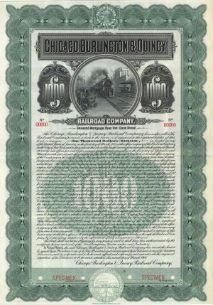 Chicago, Burlington and Quincy Railroad Co. - 1908 dated $1,000 Specimen Bond - Specimen Stocks and Bonds