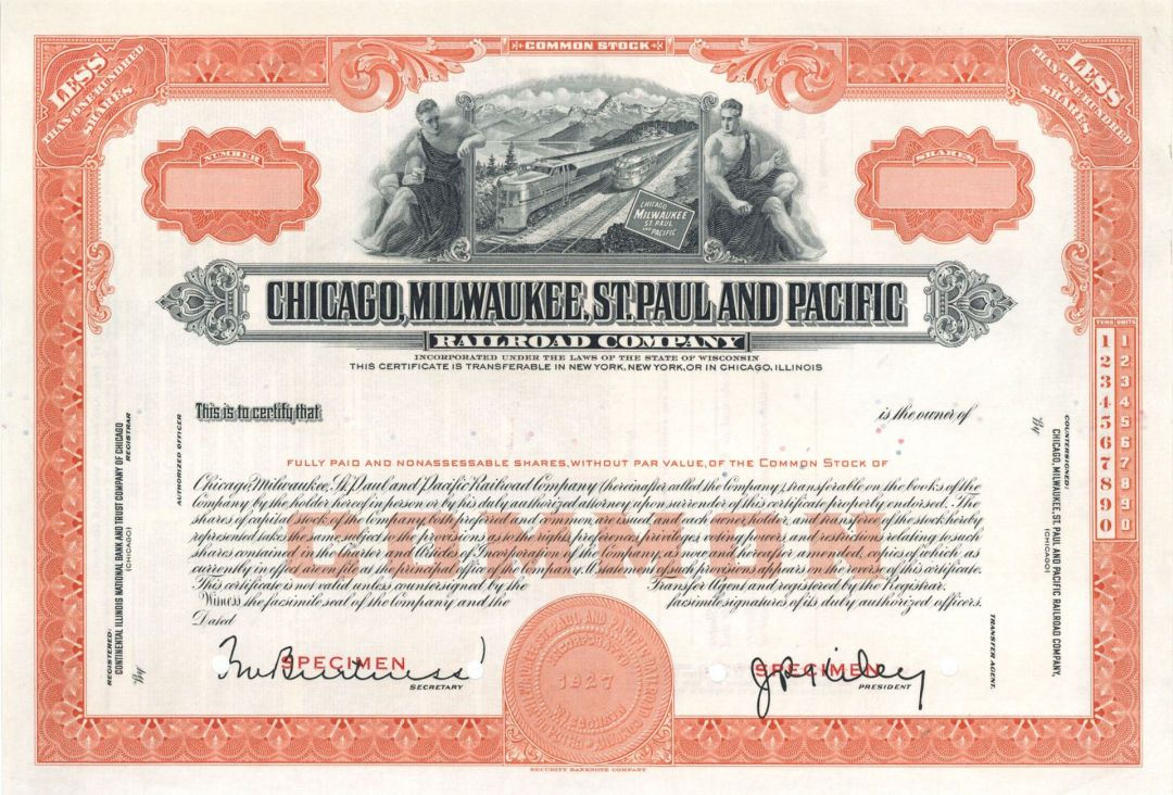 Chicago, Milwaukee, St. Paul and Pacific Railroad Co. Specimen Stock Certificate - Specimen Stocks and Bonds