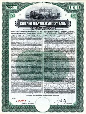 Chicago, Milwaukee and St. Paul Railway Co. 1910 dated 500 Francs Specimen Bond - Specimen Stocks and Bonds