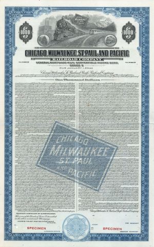 Chicago, Milwaukee, St. Paul and Pacific Railroad Co. 1944 or 1946 dated $1,000 or $500 Specimen Bond - Specimen Stocks and Bonds