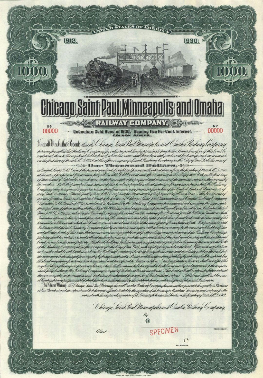 Chicago, Saint Paul, Minneapolis and Omaha Railway Company 1912 dated $1,000 Specimen Bond - Specimen Stocks and Bonds