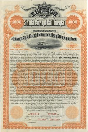 Chicago, Santa Fe and California Railway Company of Iowa 1887 dated $1,000 Specimen Bond - Specimen Stocks and Bonds