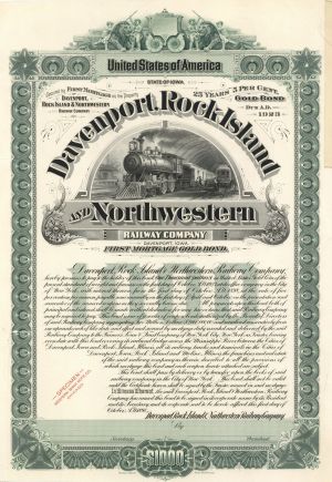 Davenport, Rock Island and Northwestern Railway Co. - 1898 dated $1,000 Specimen Bond - Specimen Stocks and Bonds