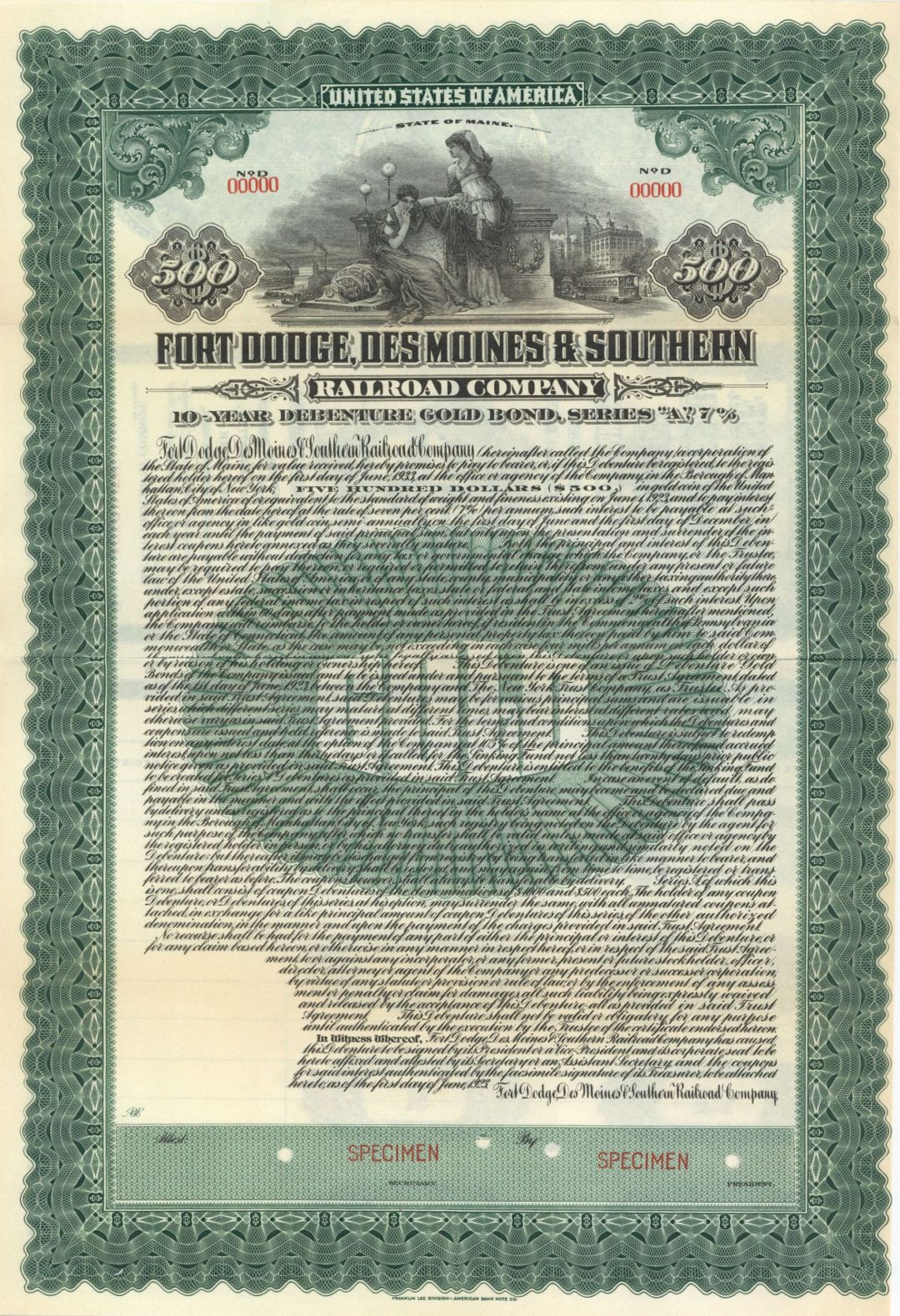 Fort Dodge, Des Moines and Southern Railroad Co. 1923 dated $500 Specimen Bond - Specimen Stocks and Bonds