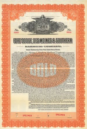 Fort Dodge, Des Moines and Southern Railroad Co. 1913 dated $1,000 or $500 Specimen Bond - Specimen Stocks and Bonds