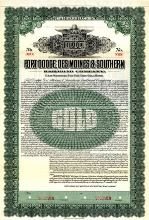 Fort Dodge, Des Moines and Southern Railroad Co. 1913 dated $1,000 or $500 Specimen Bond - Specimen Stocks and Bonds