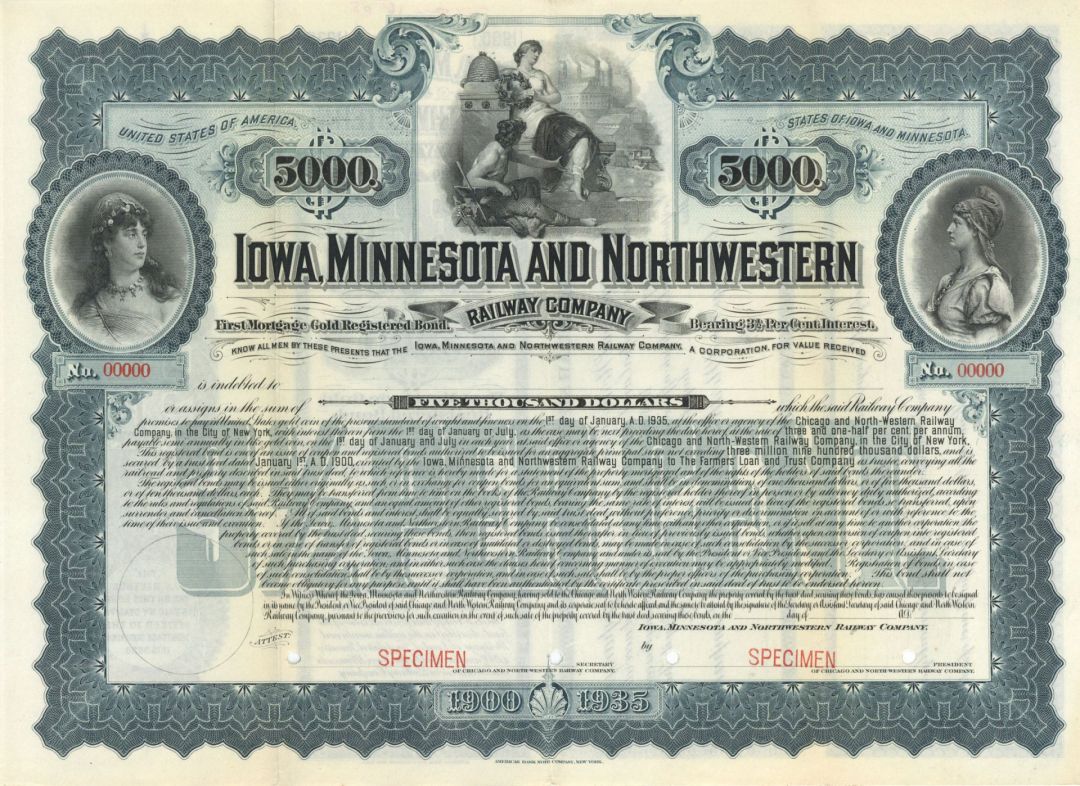 Iowa, Minnesota and Northwestern Railway Co. 1900 dated $5,000 Specimen Bond - Specimen Stocks and Bonds