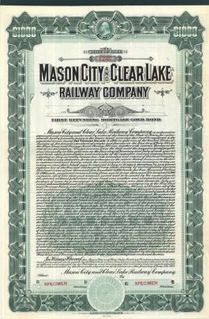 Mason City and Clear Lake Railway Co. 1908 dated $1,000 Specimen Bond - Specimen Stocks and Bonds