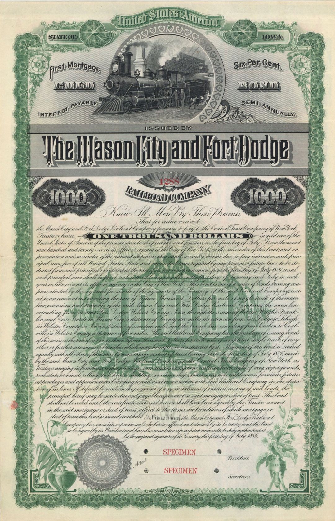 Mason City and Fort Dodge Railroad Co. 1886 dated $1,000 Specimen Bond - Specimen Stocks and Bonds