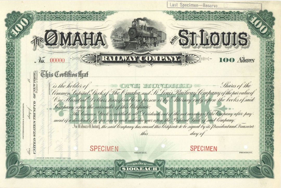 Omaha and St. Louis Railway Co. - circa 1900 Specimen Stock Certificate