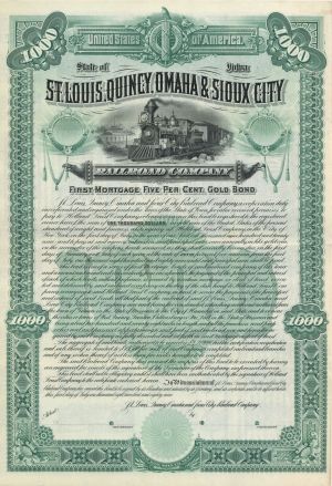 St. Louis, Quincy, Omaha and Sioux City Railroad Co. 1889 dated $1,000 Specimen Bond - Specimen Stocks and Bonds