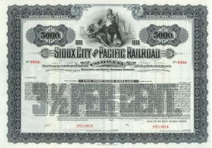 Sioux City and Pacific Railroad Co. 1900's dated $5,000 Specimen Bond - Specimen Stocks and Bonds