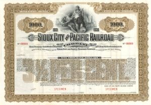 Sioux City and Pacific Railroad Co. 1900's dated $1,000 Specimen Bond - Specimen Stocks and Bonds