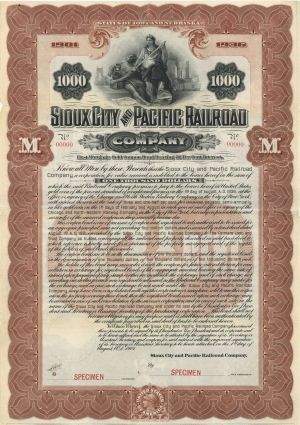 Sioux City and Pacific Railroad Co. 1901 dated $1,000 Specimen Bond - Specimen Stocks and Bonds