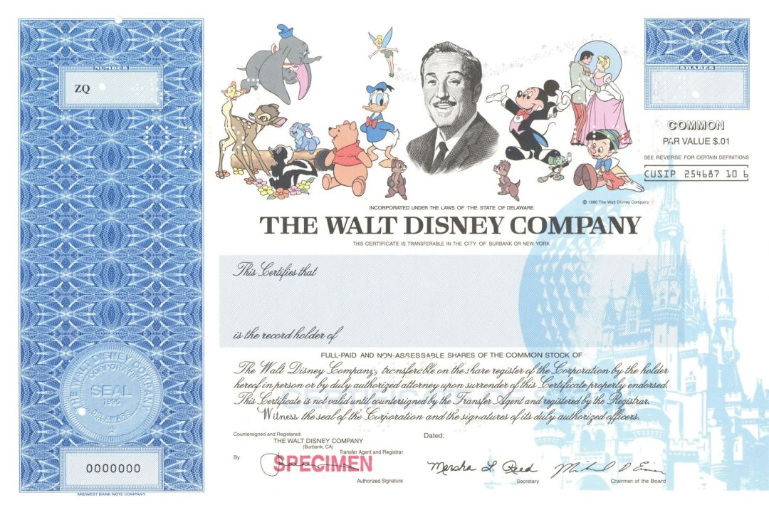 Walt Disney Co. - 2003 dated Specimen Stock Certificate - Extremely Rare