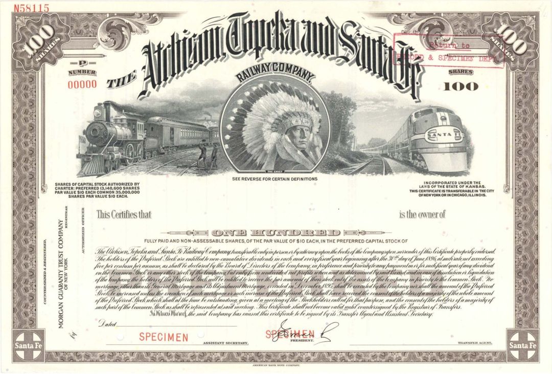 Atchison, Topeka and Santa Fe Railway Co.  -  Specimen Stock Certificate