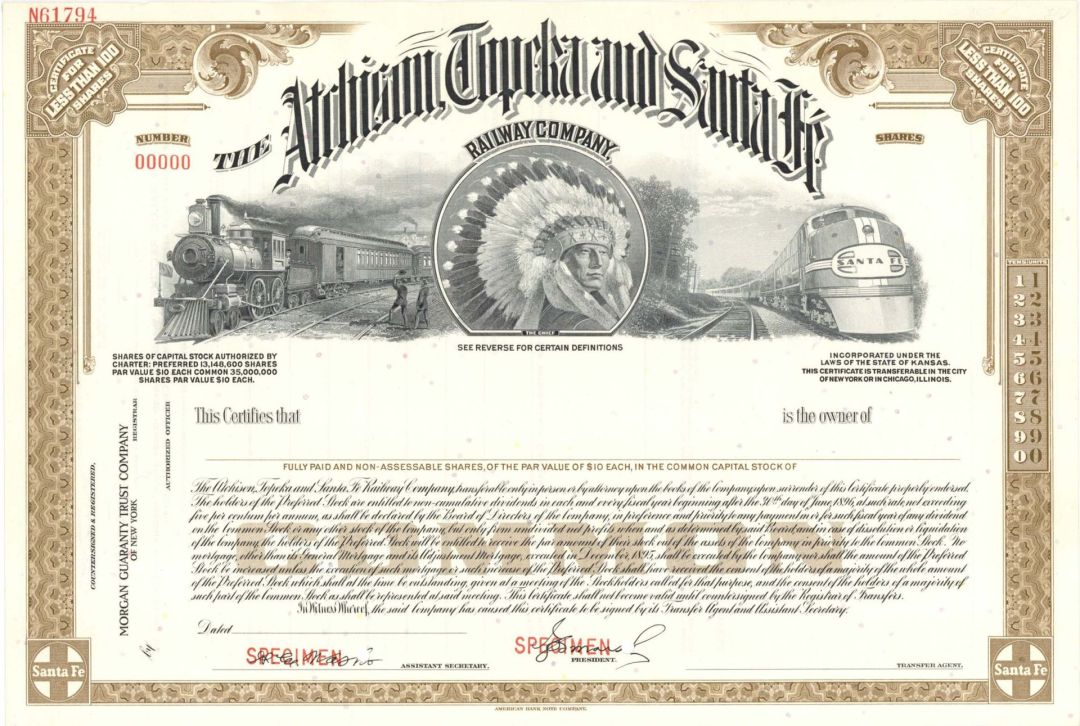 Atchison, Topeka and Santa Fe Railway Co.  -  Specimen Stock Certificate