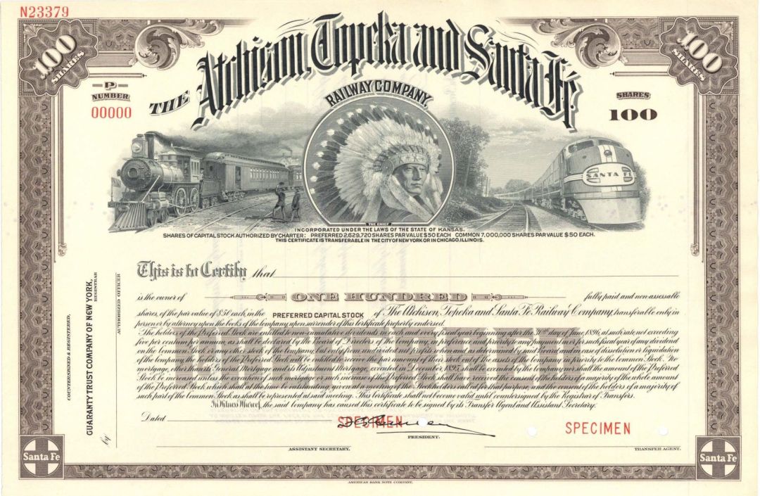 Atchison, Topeka and Santa Fe Railway Co.  -  Specimen Stock Certificate