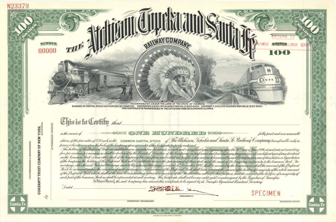 Atchison, Topeka and Santa Fe Railway Co.  -  Specimen Stock Certificate