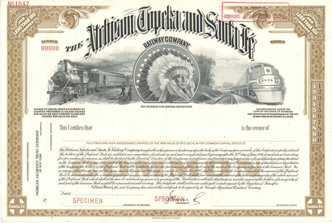 Atchison, Topeka and Santa Fe Railway Co.  -  Specimen Stock Certificate