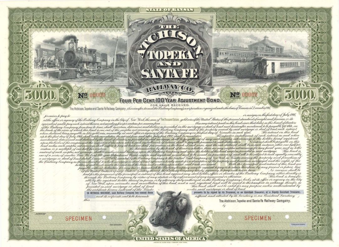 Atchison, Topeka and Santa Fe Railway Co. - $5,000 Specimen Bond